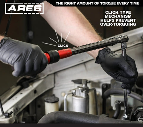 Mechanic using Three Eighths Inch Drive Micrometer Torque Wrench With Dual Torque Scales In Foot Pounds And Newton Meters on car engine.