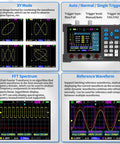 Image displaying features of Handheld Digital Oscilloscope Kit With 2 Channel Input, showing screen interface and waveform examples.