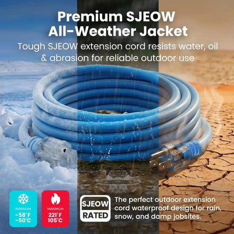 Tough As Nails Heavy Duty 100 Ft Outdoor Extension Cord 12/3 Gauge SJEOW 12 AWG 3 Prong Power Cable With Lighted End Waterproof For Tools Lawn Garden Blue