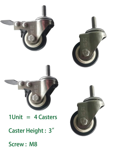 Killer 3 Inch Replacement Caster Wheels 4 Pack Silver Swivel With Brake And Fixed Without Brake showing four swivel casters with M8 screws.