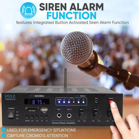 300W Bluetooth Karaoke Amplifier With 2 Channel PA System, FM Radio, USB SD, AUX, Two Mic Inputs, Siren Alarm shown with mic