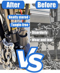 Heavy Duty Aluminum Trailer Chain Organizer With 7 Way Plug Holder neatly organizes chains on RVs compared to jumbled chains.