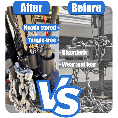 Heavy Duty Aluminum Trailer Chain Organizer With 7 Way Plug Holder neatly organizes chains on RVs compared to jumbled chains.