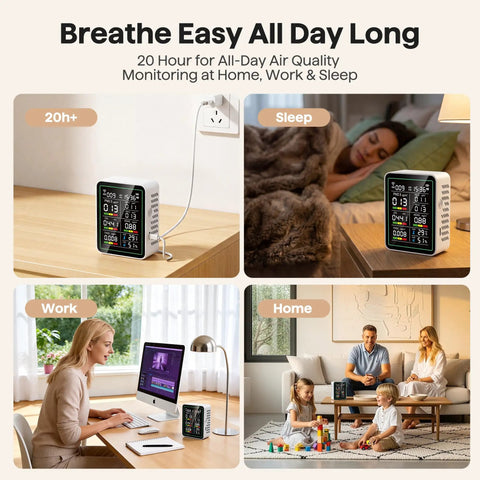 Indoor 10 In 1 Air Quality Monitor For Home Detecting CO2 And Formaldehyde Plus TVOC PM25 And PM10 display setup in home environment.