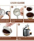 User guide showing steps for using Reusable VertuoLine Capsules Kit, 200 Pack Refillable Aluminum Covers With Foil Seals, Lids Included