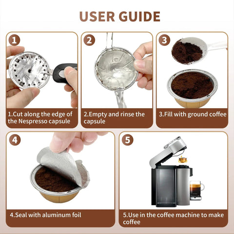 User guide showing steps for using Reusable VertuoLine Capsules Kit, 200 Pack Refillable Aluminum Covers With Foil Seals, Lids Included