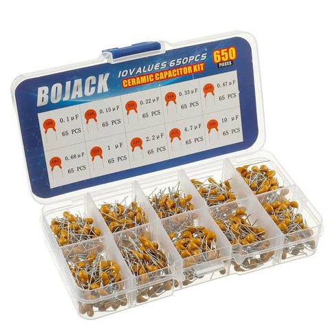 650-Piece Ceramic Capacitor Kit With 0.1uF To 10uF Values, 10 Percent Tolerance, Packed In A Handy Box For DIYers And Pro Electronics Builds