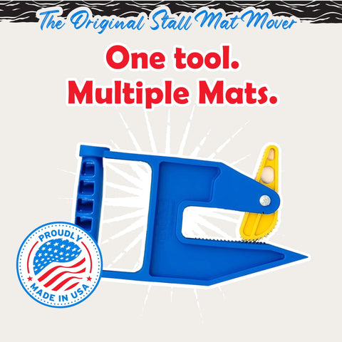 Front view of blue Original EZGrip Mat Mover tool with yellow wedge grip for moving heavy stall mats.