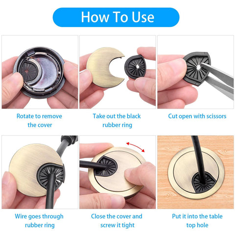 Instructions for installing 2 Pack 2 Inch Metal Desk Grommet Bronze Finish With Removable Lids For Cable Management