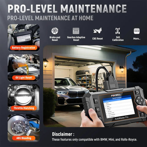 2-In-1 BMW Diagnostic Scanner And 12V Battery Tester With Full System Bidirectional Scan shown in use at home garage