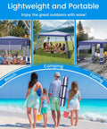 8x8 Beach Cabana With Side Wall Sun Shelter, setup at beach, camping, and fishing sites, navy stripes, family fun