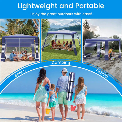8x8 Beach Cabana With Side Wall Sun Shelter, setup at beach, camping, and fishing sites, navy stripes, family fun