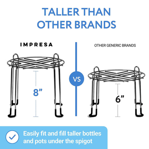 Comparison of 8-inch Extra Tall Water Filter Stand With 6-inch Generic, showing height difference for Big Berkey systems.