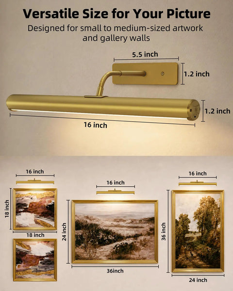 Wireless 16 Inch Picture Light With Built In Rechargeable Battery, Long Lasting Wall Mounted Art Lamp for Gallery Displays, showing size dimensions.