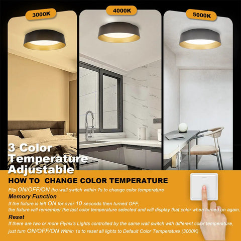 12.5 Inch LED Flush Mount Ceiling Light with three color temperatures 3000K, 4000K, 5000K in a room setting