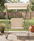 Outdoor Patio Swing Chair With Adjustable Canopy, Heavy Duty Triangular Frame, Single Seat Garden Hammock Swing On Stone Patio