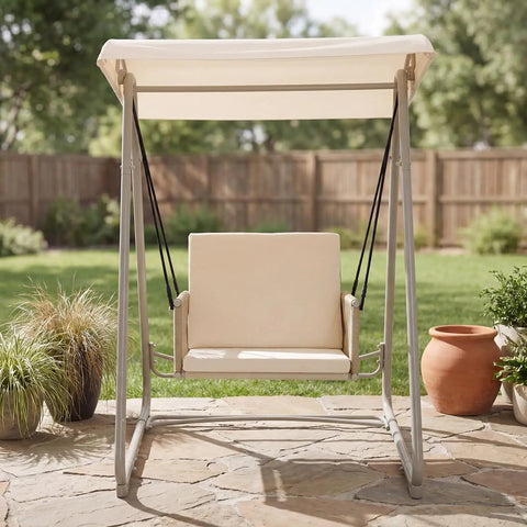 Outdoor Patio Swing Chair With Adjustable Canopy, Heavy Duty Triangular Frame, Single Seat Garden Hammock Swing On Stone Patio