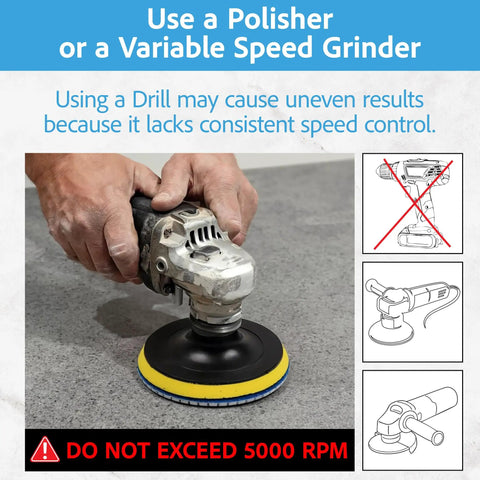 Hand using 5 Inch Diamond Polishing Pads Wet Dry Set For Quartz Marble Granite Concrete Countertops Includes Grit 50 100 200 400 800 And Hook And Loop Backing Pad For Pro Grinding And Pretty Slick Gloss Finish on granite surface with polisher.