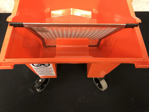 Top view of RBC-323 Roll A Bucket with 3 inch caster wheels and brake, 6 gallon orange bucket showing interior grid for paint or tarps.