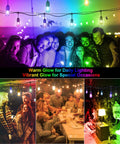 Group enjoying 48 Ft Outdoor Patio Lights with Remote Dimmable RGB LED String Lights at a party, showcasing vibrant colors.