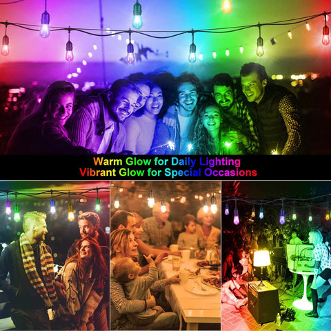Group enjoying 48 Ft Outdoor Patio Lights with Remote Dimmable RGB LED String Lights at a party, showcasing vibrant colors.