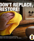 Hand using microfiber towel with antique wood polish to restore furniture frame with bright sheen, no buffing needed.