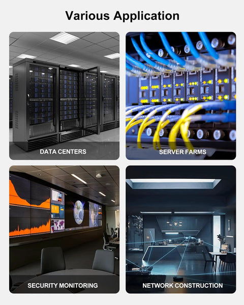 Various applications of Top Shelf LC To LC Fiber Patch Cable 1M 3FT 6 Pack OS2 Single Mode in data centers and network construction.