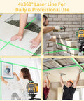 Straight Shooter Self Leveling Green Laser Level, 4X360 Layout Tool With Remote And Magnetic Stand, showcased in various construction uses.