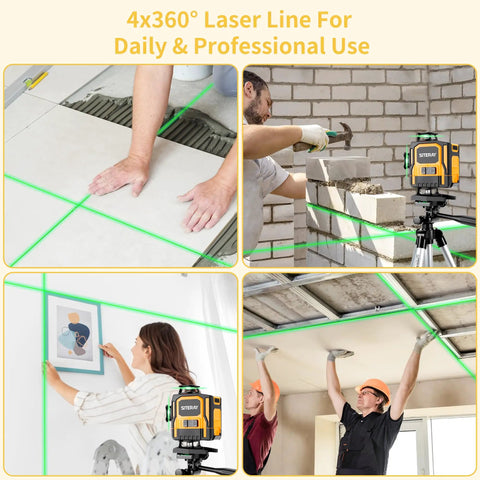 Straight Shooter Self Leveling Green Laser Level, 4X360 Layout Tool With Remote And Magnetic Stand, showcased in various construction uses.
