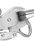 Close-up of wide duckbill jaw on Heavy Duty Adjustable Locking Steel Plate Clamp Pliers for auto body repair and welding.
