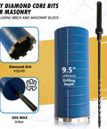 4-inch dry diamond core drill bit for masonry with 9.5-inch drilling depth and SDS Max arbor; blue cylindrical bit with diamond grit segments