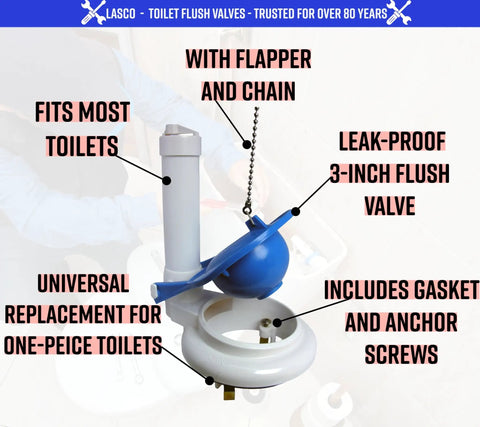 Easy Do It Yourself Flush Valve Replacement Kit For 1-Piece Toilets, 3-Inch Valve With Flapper And Chain, product parts labeled.