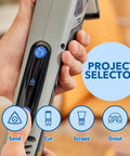 12V Brushless Cordless Oscillating Multi Tool showing project selector for sand, cut, scrape, and grout options.