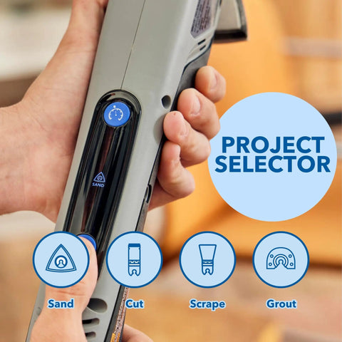 12V Brushless Cordless Oscillating Multi Tool showing project selector for sand, cut, scrape, and grout options.