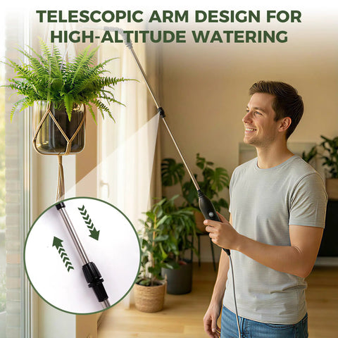 Rechargeable Cordless High Reach Plant Waterer With Telescoping Wand From 25.6 To 33.4 Inches Adjustable Nozzles And Long Hose