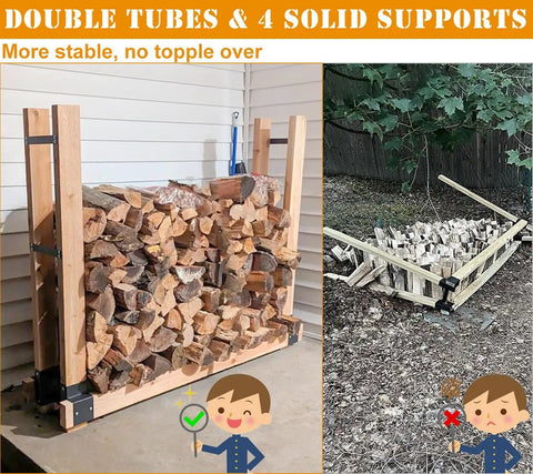 Outdoor Firewood Rack Brackets Kit For Quick Wood Piling And Storage showing stable wood stacks indoors and outdoors