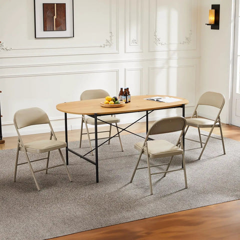 2 Pack Leather Padded Folding Chairs With Steel Frame Indoor Outdoor Portable Stackable Seats around dining table, khaki