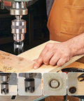 Premium Eight Piece Wood Plug Cutter Drill Bit Set One Quarter Three Eighths Five Eighths Half Inch Steel Boring Tool in action cutting wood.