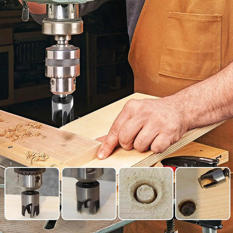 Premium Eight Piece Wood Plug Cutter Drill Bit Set One Quarter Three Eighths Five Eighths Half Inch Steel Boring Tool in action cutting wood.