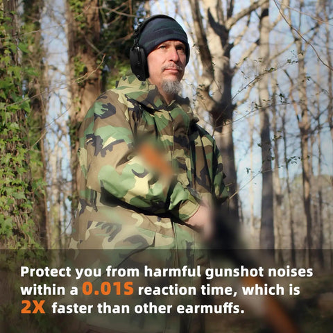 Man in camouflage using Electronic Ear Protection With 4X Sound Amplification And NRR 23dB Earmuffs For Loud Work Environments