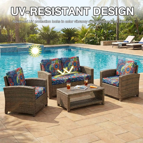 Outdoor Patio Cushion Covers 8 Pack Stretch Slipcovers with Paisley Pattern on rattan furniture by a swimming pool