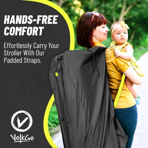 Woman carrying baby with Extra Large Stroller Travel Bag With Padded Backpack Straps For Air Travel, outdoors.