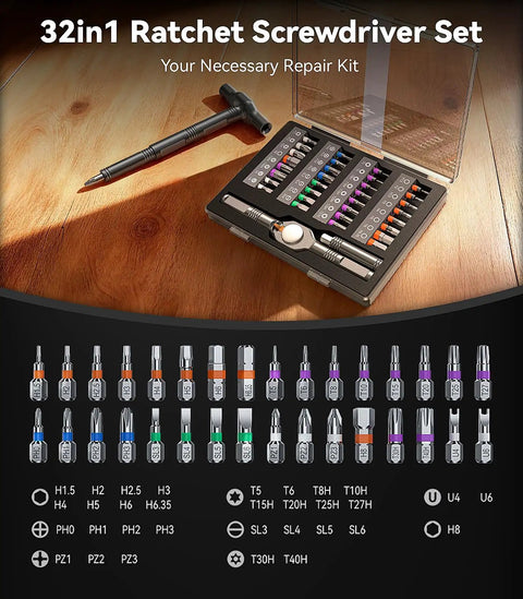 32In1 T Handle Magnetic Ratcheting Screwdriver Set with Interchangeable Grip Styles and 32 S2 Alloy Bits DIY Ready Kit