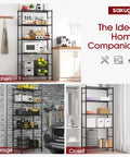 Heavy-Duty 5-Tier Freestanding Steel Shelving Racks Set, 2-Pack With Reinforced Frame, shown in kitchen, garage, and closet use.