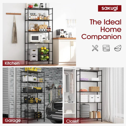 Heavy-Duty 5-Tier Freestanding Steel Shelving Racks Set, 2-Pack With Reinforced Frame, shown in kitchen, garage, and closet use.