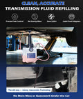 3L Transmission Fluid Transfer Pump With 12 ATF Adapters showing precise pressure gauge and no-mess refilling under car