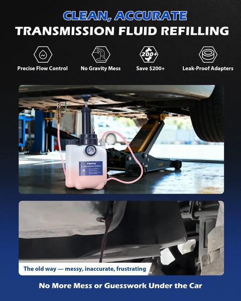 3L Transmission Fluid Transfer Pump With 12 ATF Adapters showing precise pressure gauge and no-mess refilling under car