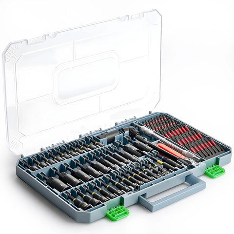 Go To Magnetic Impact Nut Driver Set With Metric And SAE Bits Quick Release Extensions Socket Adapters in open case