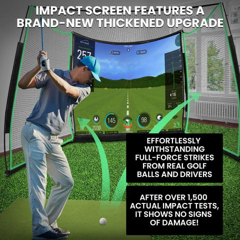 Golfer practicing with Backyard Golf Practice Net 11x8 Feet With Impact Screen And Target Cloth in a backyard setting.