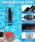 Cordless Water Pump Compatible With Milwaukee 18V M18 Battery 635 GPH with removable stainless steel strainer in water.